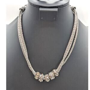 Chico's Silver Tone Triple Braided Chain Multi-Texture Rondelle Bead Necklace
